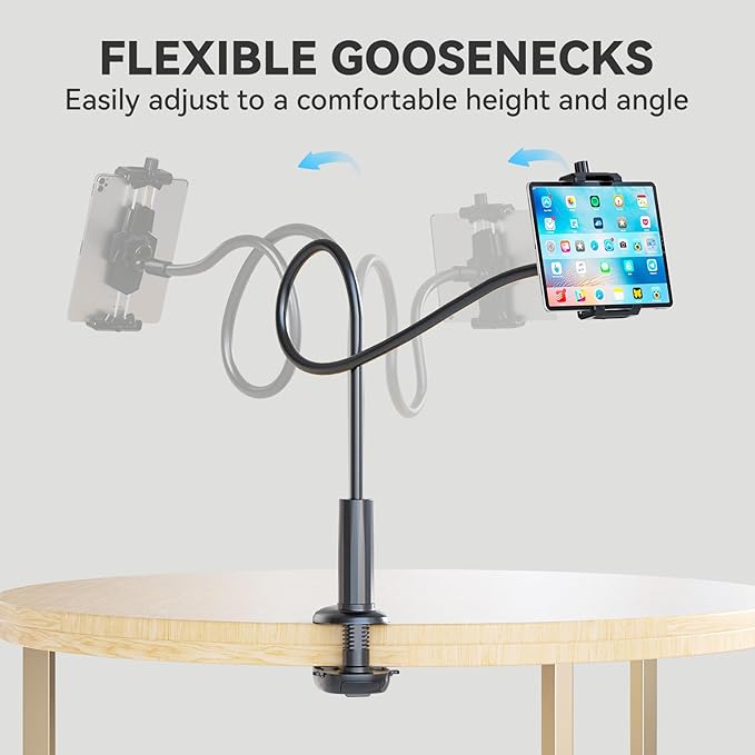 KDD Gooseneck Tablet Stand, 360° Adjustable Phone & iPad Holder for Bed and Desk, Flexible Arm Mount Clip for Video Recording, Bedside & Headboard Clamp for iPad Pro 12.9, Mini, Switch