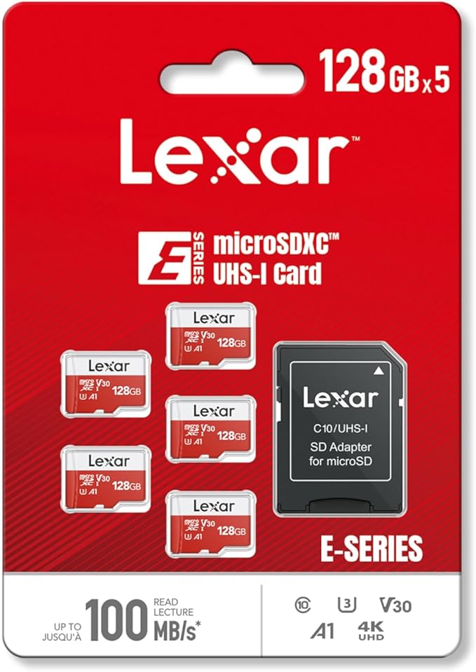 Lexar E-Series 128GB Micro SD Card 5 Pack, microSDXC UHS-I Flash Memory Card with Adapter, 100MB/s, C10, U3, A1, V30, Full HD, 4K UHD, High Speed TF Card