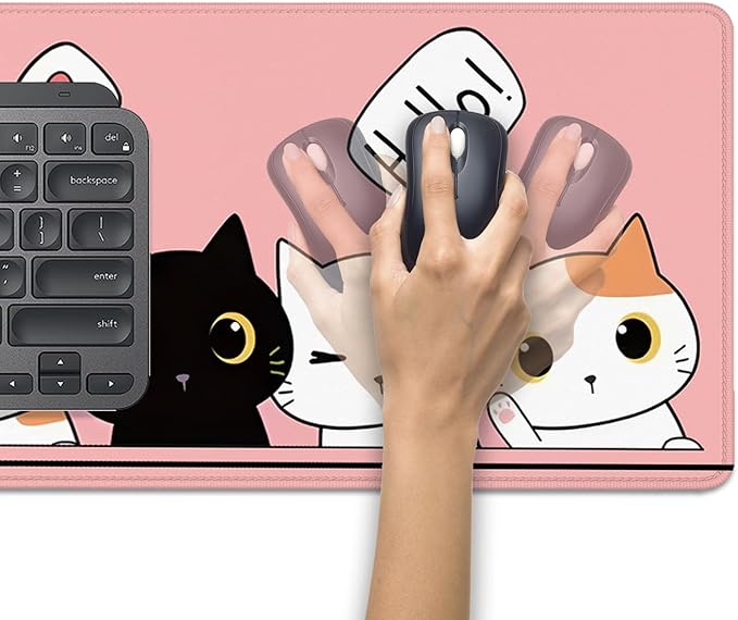 Cute Cats Desk Pad Mouse Pad,Cute Cartoon Lofi Cats Pink Mouse Mat Large,Stitched Edges Non-Slip Waterproof Rubber Base Mouse Mat for Office Home Work Gaming（27.5 x 11.8 in）