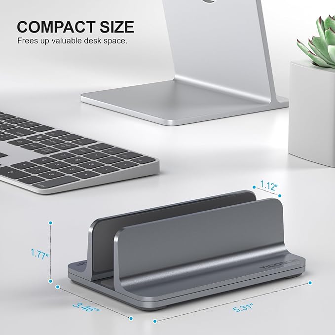 Aluminum Vertical Laptop Stand for Desk - Adjustable Width Dock for MacBook, Surface, Samsung, HP, Dell up to 17.3 inches - Space-Saving & Protective Design - Gray