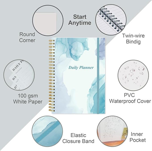 Daily Planner Undated - A5 To Do List Notebook Hourly Schedules, Spiral Appointment Planner for Women and Men, PVC Hardcover, Inner Pocket, Elastic Closure, 5.8" x 8.3", Blue Watercolor