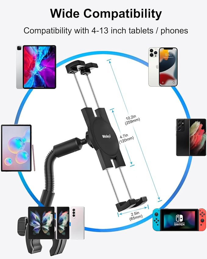 woleyi Gooseneck Tablet Bike Mount for Indoor Cycling, Gym Treadmill, Spin bike, Stationary Exercise bicycle, Peloton Handlebar, Elliptical, Stroller Clamp for iPad Pro/Air/Mini, Phone, 4.7-13" Tablet