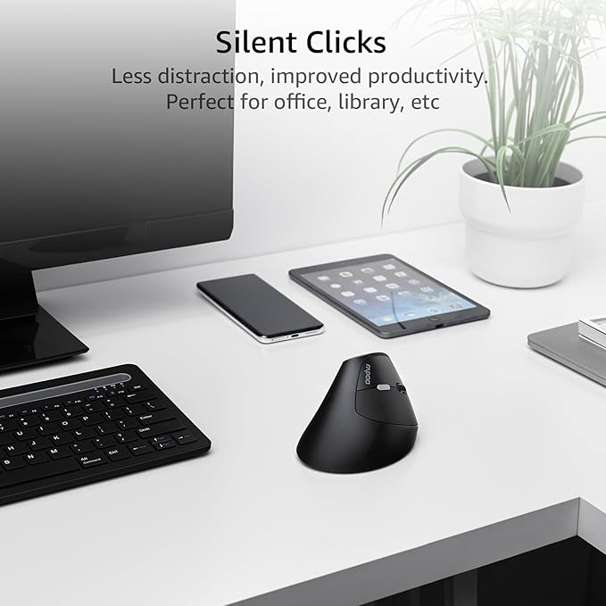 Rapoo EV250 Silent Vertical Ergonomic Mouse, 2.4G Wireless Optical Mouse, 800/1000/1200/1600 DPI, Quiet Clicks, 5 Buttons, Compatible with Windows/Mac OS/iPad OS, Laptop, PC - Black