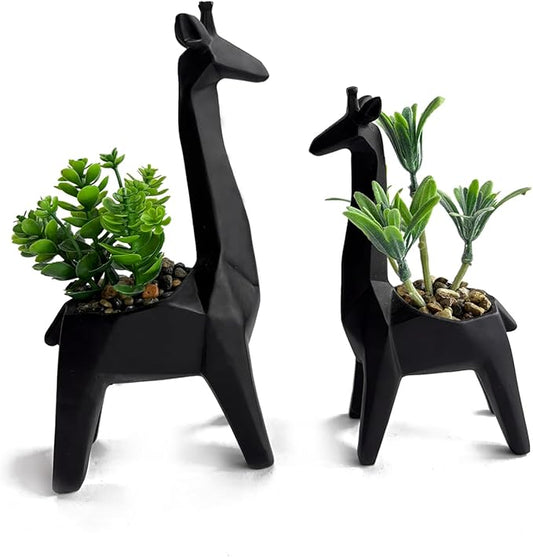 2PCS Cute Artificial Mini Succulent Plants with Creative Giraffe Shaped Pots, Desk Plant for Office Decor for Women,Small Fake Plants for Shelf Desk,Bathroom,Tabletop Decor (Black)
