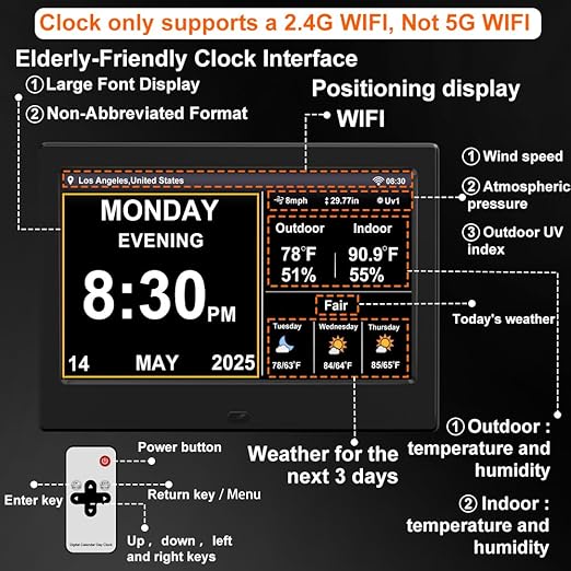 2025 New Digital Clock with Temperature/Humidity & Weather Forecast, Auto Time Sync Large Display, Custom Alarms & Medication Reminders, Ideal for Elderly(Black, 7-Inch)