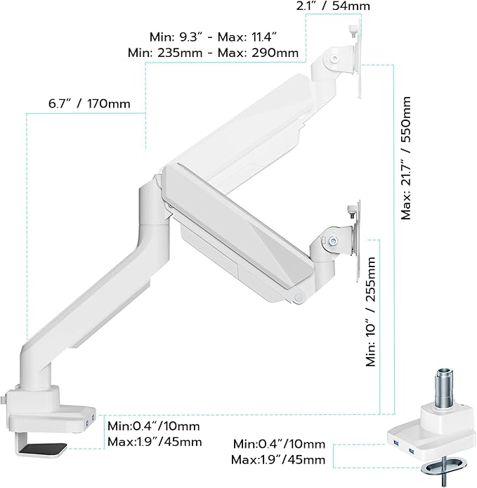 ARES WING Single Monitor Arm, Heavy Duty Adjustable Monitor Arm for 13"-49" Screens with USB, Gas Spring Desk Mount Stand with C Clamp/Grommet Mounting Base up to 40lbs Computer, White
