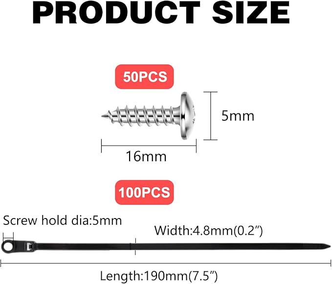 100 PCS Nylon Universal Cable Tie Buckle, Zip Ties With Screw Hole, with 50 PCS Screw Hole 75 lbs Mountable head Cable management Ties for Indoor & Outdoor Use