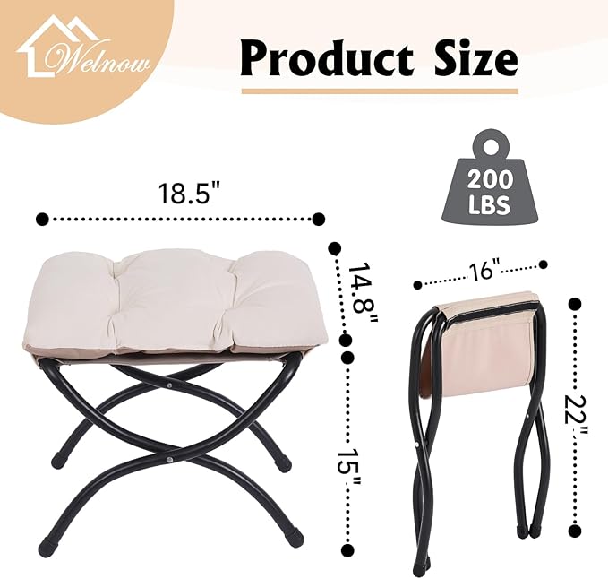 Welnow Folding Foot Stool, Upholstered Small Accent Ottoman with Detachable Thick Cotton Cushion Padded Sofa Stool and Metal Frame for Lazy Chair, Living Room, Bedroom, Beige