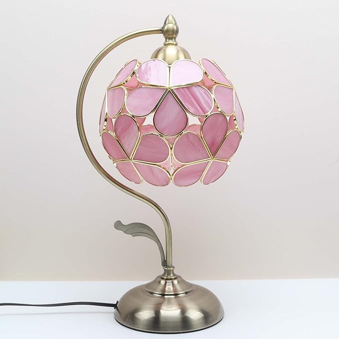 Bieye L10836 Tiffany Style Stained Glass Flower Petal Table Lamp with Brass Base for Home Décor (Pink, 8“ Flower Ball)