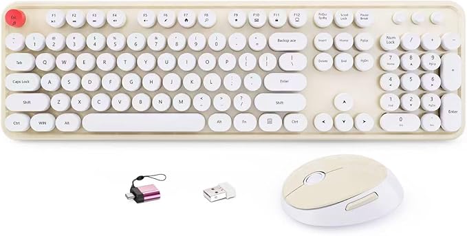 HotFox Wireless Keyboard and Mouse Combo, Full-Size Retro Typewriter Keyboard with Round Keycaps, Ergonomic Design for Windows PC, Home and Office Use - Cream