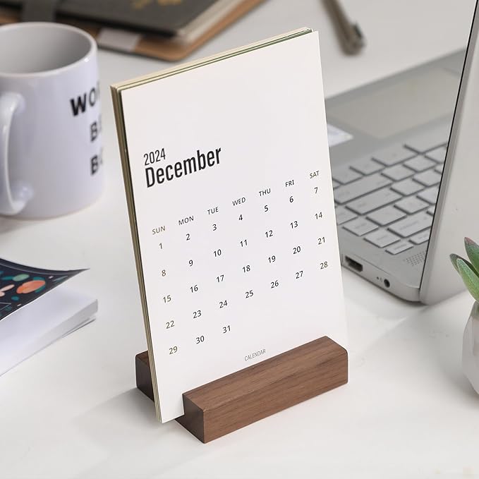 UNIQOOO 3.5" Walnut Wood Stand for Monthly Desk Calendar, Wooden Block Base, Cardstock Holder, For Office Home Retail Reception Decor, Photo Display, 10 Pack