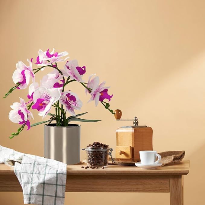 LESING Artificial Orchid Flower with Vase Realistic Orchids Faux Flower Fake Orchid Bonsai Plants in Pot Arrangement for Home Wedding Party Dining Table Centerpiece Decor (White Purple,Silver Vase)