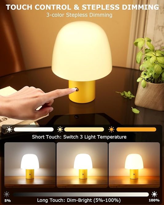 Portable LED Table Lamp, Cordless Desk Lamp Rechargeable, 3-Color Touch Stepless Dimming Night Light for Bedroom/Children's Room/Terrace/Dining Room/Cafe (Yellow)