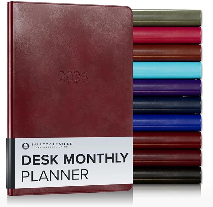 Gallery Leather Desk Monthly Planner 2025-2026, Elegantly Bound Calendar Planner and Notebook with Stylish Gold-Gilded Page Edges, 18 Months - Acadia Deep Red - 8x5.5”