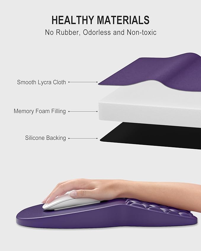 Auhoahsil Ergonomic Mouse Pad with Wrist Rest, Comfortable Slope Computer Mouse Mat with Wrist Support, Memory Foam Filling, Non-Slip Silicone Base, Pain Relief, for Gaming & Work, 8 x 12 in, Purple