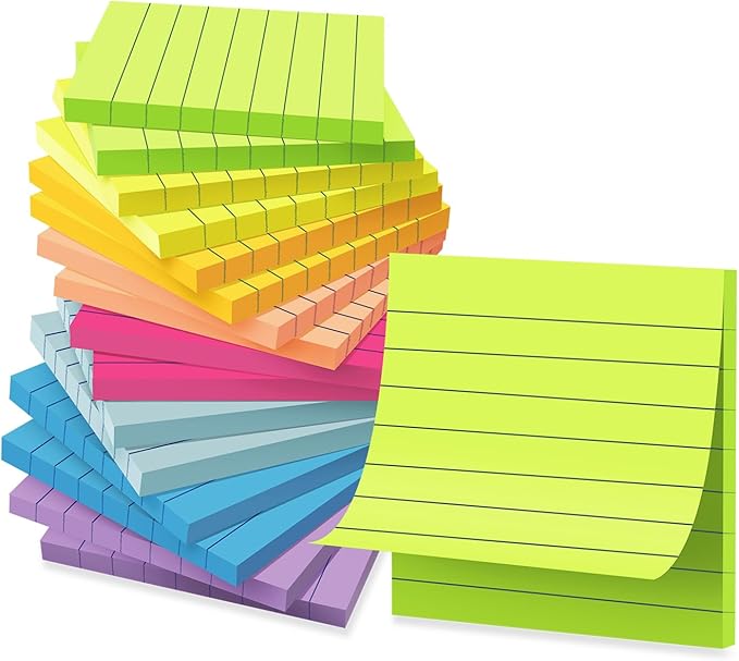 (16 Pack) Lined Sticky Notes 3x3 in Ruled Stickies Super Sticking Power Memo Pads Bright Colors