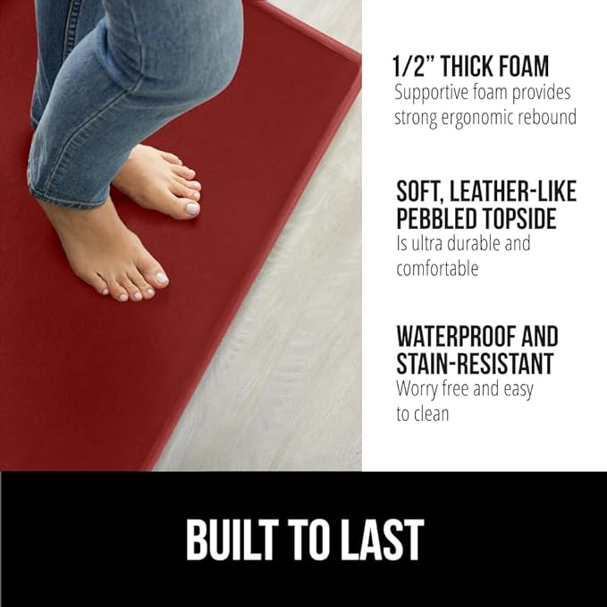 GORILLA GRIP 2 Pack Comfortable Cushioned Kitchen Mats for Floor, 17x29 + 17x59, Waterproof and Stain Resistant, 1/2 Inch Thick Ergonomic Standing Desk Anti Fatigue Mat, Foam Supports Feet, Red