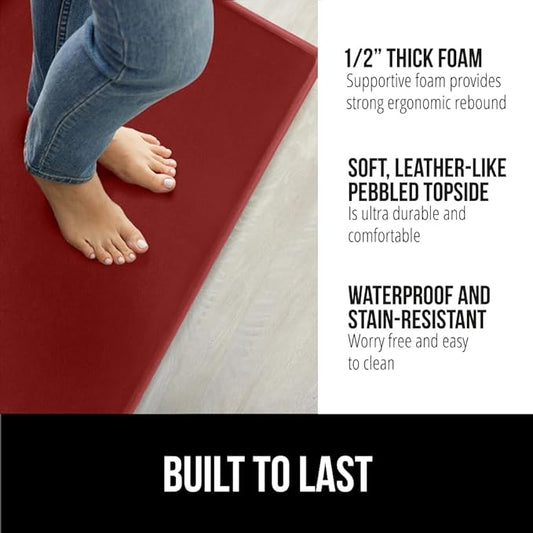 GORILLA GRIP 2 Pack Comfortable Cushioned Kitchen Mats for Floor, 17x29 + 17x59, Waterproof and Stain Resistant, 1/2 Inch Thick Ergonomic Standing Desk Anti Fatigue Mat, Foam Supports Feet, Red