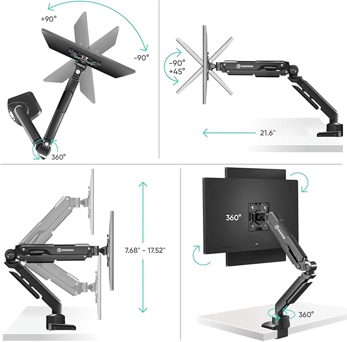 ONKRON Single Monitor Desk Mount for 13-34 Inch Screens, Up to 22 lbs, PC Monitor Arm, Gas Spring, 75x75 & 100x100 VESA, Full Motion, Black