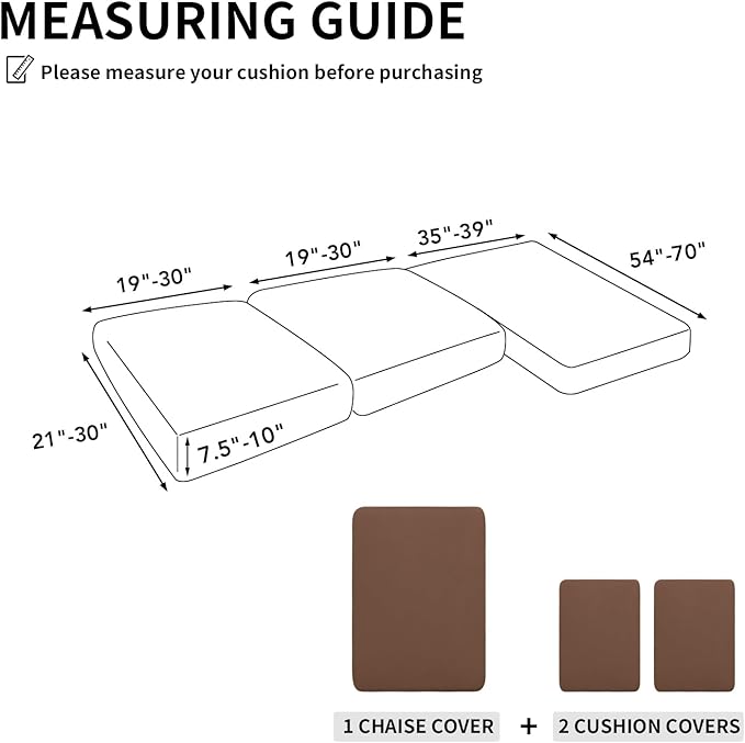 Easy-Going 100% Waterproof 3 Pieces Couch Cushion Covers for Sectional Sofa Left/Right L Shape Chaise Lounge Sofa Seat slipcover Anti-Slip Sofa Cover (2 Seater + 1 Chaise, Brown
