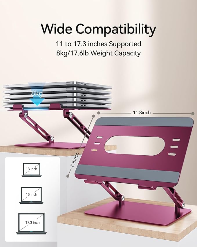 Foldable Aluminum Laptop Stand for 10-17.3" Laptops, Height Adjustable Portable Ergonomic Computer Holder, Space Saving Desk with Heat Dissipation. Compatible with MacBook/Dell/HP etc, Rose