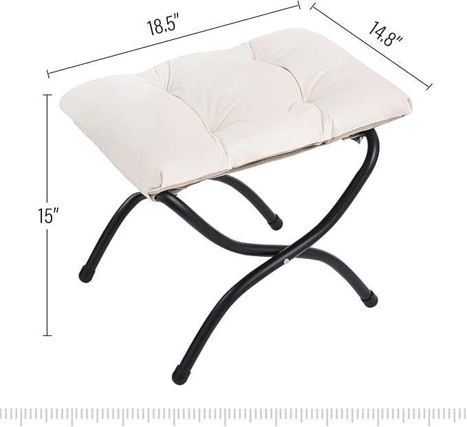 LITA 2 Pcs Folding Upholstered Footrest Stool, Modern Small Portable Accent Ottoman with Detachable Thick Cotton Cushion, Padded Sofa Stool with Metal Frame, Living Room & Bedroom,Velvet Beige