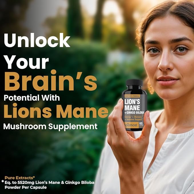 Lions Mane Supplement Organic Capsules - with Ginkgo Biloba - Cognitive Health, Focus & Memory Support - Natural Superfood for Brain, Energy & Immune Health - 60 Capsules - 2 Month Supply