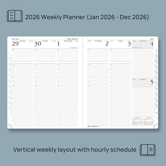 POPRUN 2026 Planner (Large Size 8.5''x 10.5'' Hardcover) - Daily Weekly and Monthly Calendar Agenda 2026 Appointment Book with Hourly Time Slots, Monthly Tabs, 100 GSM - Pacific Green