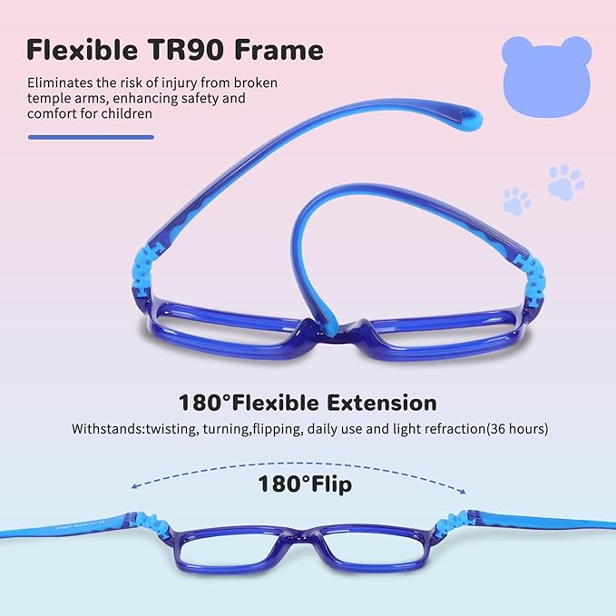 BiBiBear Toddler/Kids/Teens Glasses - Unbreakable TR90 Frame, 180° Flexible, Lightweight & Safe Glasses for Kids Age 2-15
