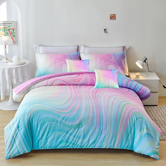 Pink Twin Bedding Sets,7PCS Girls Comforter Sets,Pink Comforter,Girls Bed Sets Twin,Bed in a Bag with Flat Sheet and Fitted Sheet,Pillowcases,Cushions for Kids