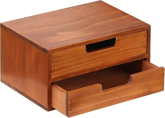 Double Drawer Desktop Storage Organizer in a Modern Wood Design (9.8”x6.9”x 5.1”) 2-Drawer Stackable Drawer Unit - Wood Monitor Riser (1-Pack)