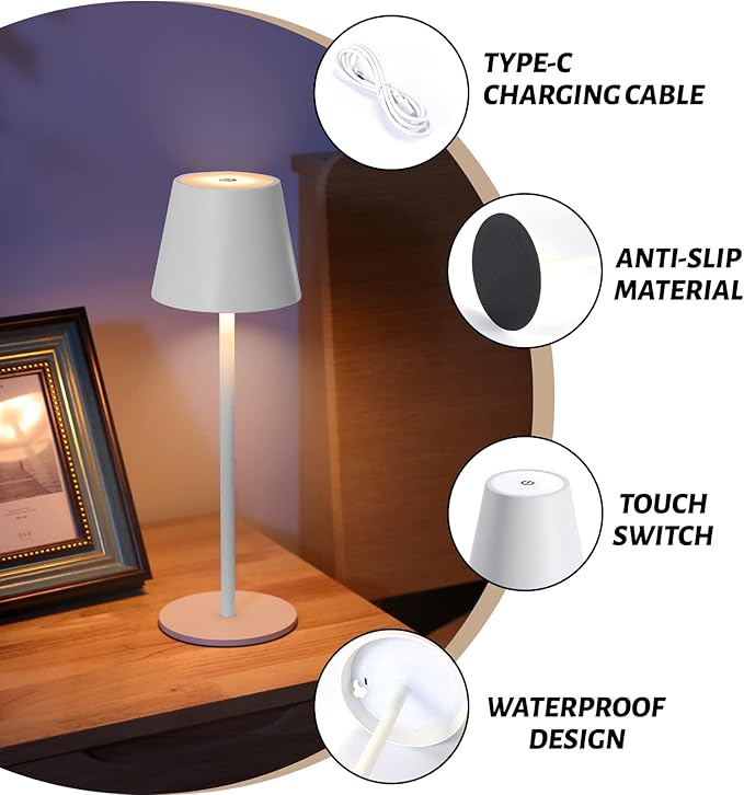 Maksone 2 Pack LED Cordless Table Lamp, 6600mWh Rechargeable Battery Desk Lamp, 3000K Stepless Dimming Night Light, IP54 Waterproof Metal Outdoor Portable Lamp for Camping, Restaurant (White)