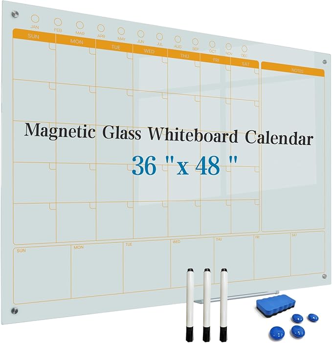 Magnetic Glass Whiteboard Calendar 48"x36" Glass Dry Erase Calender Board 36"x48" Monthly Plan White GlassBoard Wall Mounted for Office School Home (White)