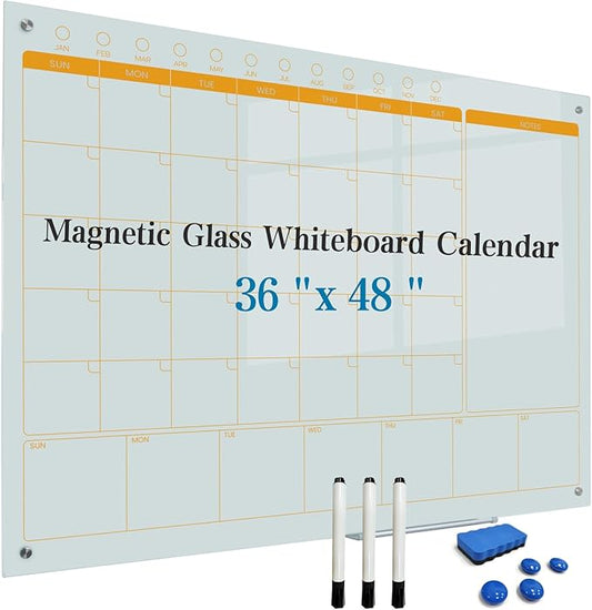Magnetic Glass Whiteboard Calendar 48"x36" Glass Dry Erase Calender Board 36"x48" Monthly Plan White GlassBoard Wall Mounted for Office School Home (White)