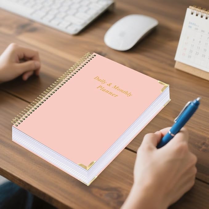 Undated Daily Monthly Planner for 2025 2026 - A4 To Do List with Hourly Schedule, Hardcover Spiral Bound Daily Planner to Increase Focus, Stylish School/Office Supplies, 8.5" x 11", Pink