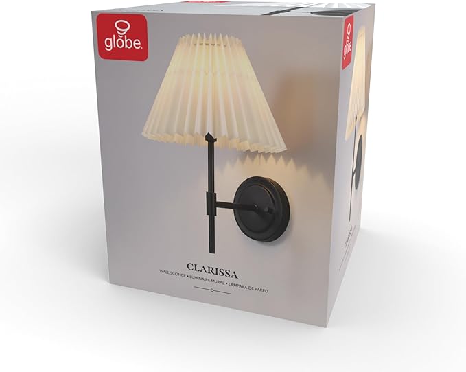 GLOBE 1-Light Wall Sconce, Matte Black, White Pleated Fabric Shade, E12 Base Socket, Candelabra Bulb, Living Room Lighting, Home Essentials, Décor, Bedroom, Mounted Bedside Lamp