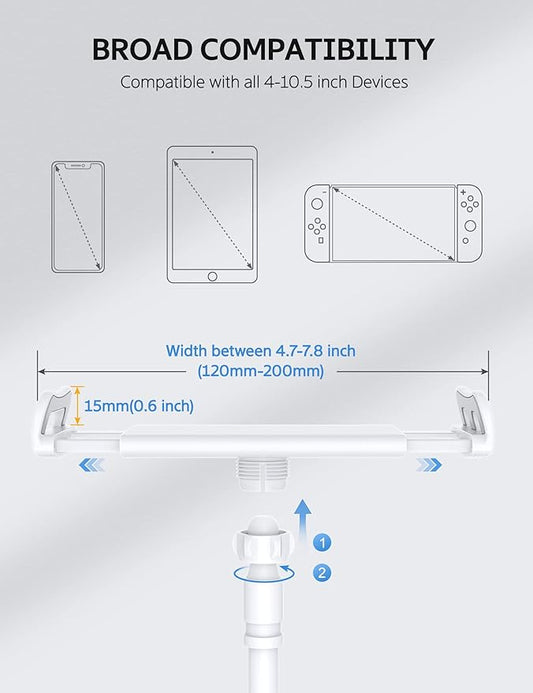 SHAWE Gooseneck Tablet Holder Phone Stand, Flexible Tablet Mount for Bed, 360 Adjustable Lazy Arm Holder Clamp Mount for iPad Air Pro Mini, Samsung Galaxy Tabs, iPhone, Switch, 4.0~10.5" (White)