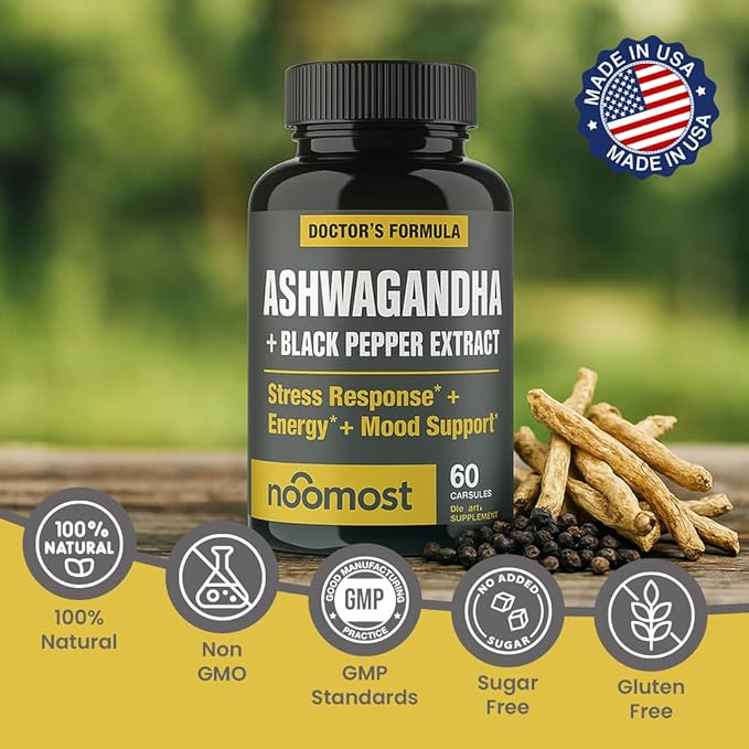 Organic Ashwagandha Capsules w/Black Pepper Extract as Vegan Ashwagandha Supplements for Anti Stress Relief, Natural Mood Support, Energy & Focus-60 Capsules