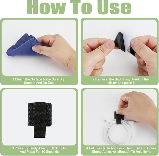 100 PCS Hook and Loop Cable Ties, Adjustable Cord Wraps, Adhesive Cord Management, Sticky-Back Hook and Loop Cable Straps, Reusable Cords Organizers for Wires and Cables, Black