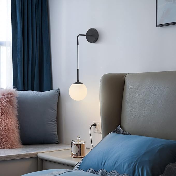 BOKT Lighting Black 1-Light Frosted White Glass Wall Sconce Mid Century Modern Globe Ball Bathroom Wall Light Rustic Industrial Bedroom Bedside Wall Reading Lamp (Black+White)