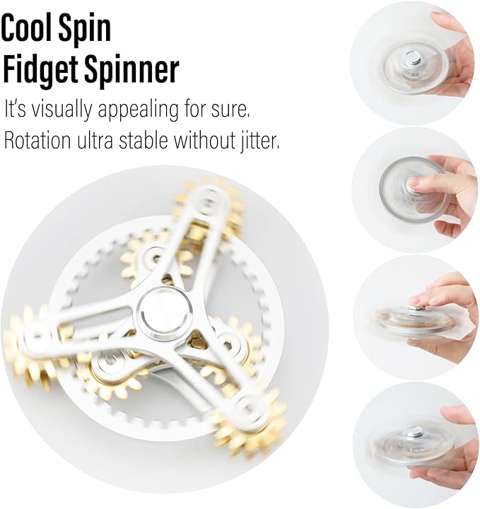 FREELOVE Gear Metal Fidget Spinner Toys for Adults, Small Mini Tiny Pockget Figette, Bike Chain, Copper Brass Hands Gyro, Quiet Silent Cool Cube for Anxiety Men (Wheel 10 Gears Linkage, Silver-Brass)