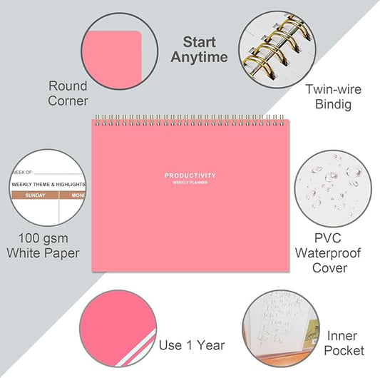 Weekly Productivity Planner - 8.5" x 11" Dashboard Desk Notepad Has 6 Focus Areas to List Tasks for Goals, Projects, Clients, Academic or Meal-Organize Your Daily Work Efficiently, 54 Weeks, Pink