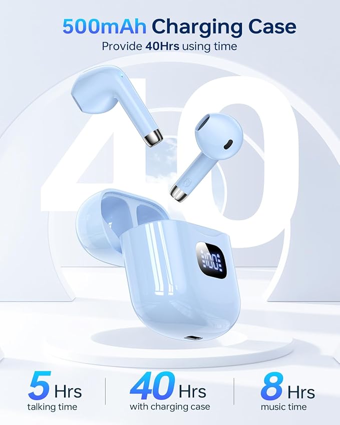 Wireless Earbuds Bluetooth 5.3 Headphones, 40Hrs Playback Stereo Ear Buds with LED Display Charging Case IPX7 Waterproof in-Ear Earphones with Mic for Phone Tablet Laptop Sports, Blue