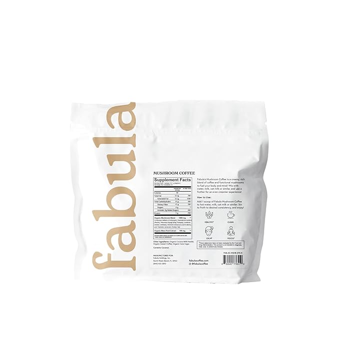 Fabula Instant Mushroom Coffee with Cordyceps, Reishi King Trumpet, Shiitake, Lion’s Mane, Turkey Tail, Organic Arabica Blend - Low Acid, Mold Free - 13 oz