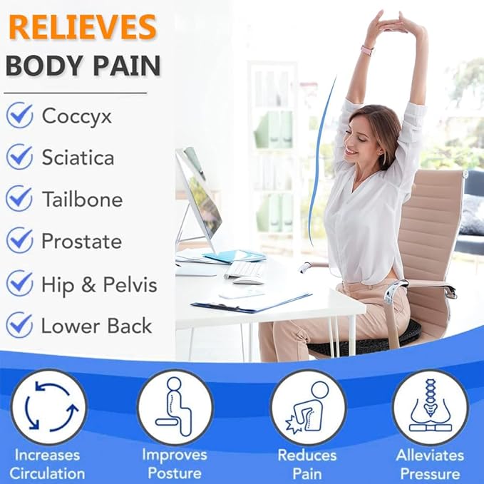 Gel Seat Cushion, Large Cooling Gel Cushion Breathable Honeycomb Chair Pads Gel Cushion with Non-Slip Cover for Home Office Chair Car Seat Wheelchair Absorbs Body Pressure Points, As Seen on TV