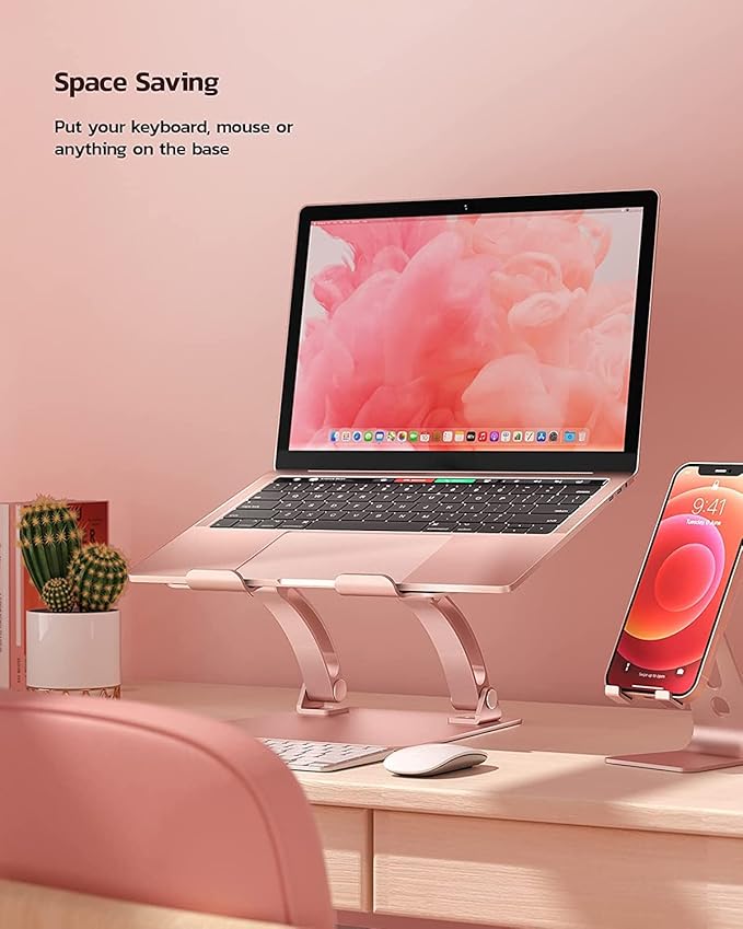 Nulaxy Fully Adjustable Laptop Stand for Desk, Dual Foldable Aluminum Computer Riser with Heat-Vent, Ergonomic Notebook Holder Portable Office Accessories Compatible with All 10-17" Laptops, Pink