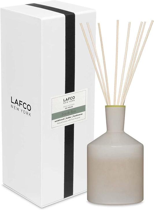 LAFCO New York Classic Reed Diffuser, Feu de Bois - 6 oz - Up to 3 Months Fragrance Life - Reusable Glass Vessel - Natural Wood Reeds - Made in The USA