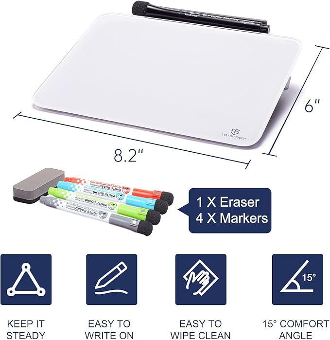 TSJ OFFICE Small Desktop Whiteboard - Glass Dry Erase Board 8 X 6 Inches Tabletop Easel Whiteboard with Stand, Desk Board Buddy for Artist, Teacher and Student