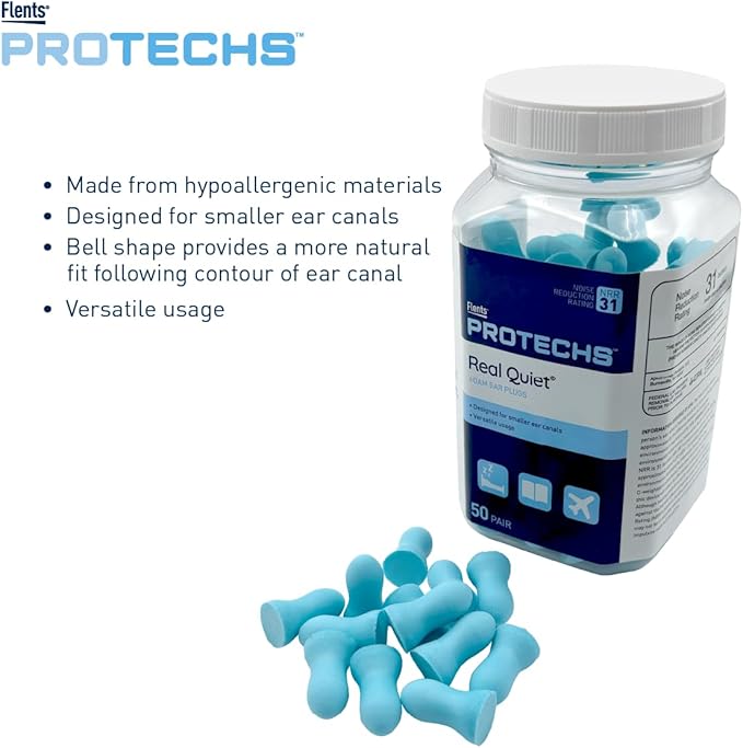 Flents Protechs Real Quiet Foam Ear Plugs for Small Ear Canals, Soft, Comfortable Hearing Protection for Sleep, Work, Travel & Loud Noise, NRR 31, Easy to Use, Blue, 50 Pairs