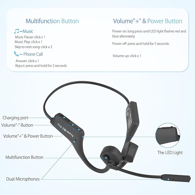 Bone Conduction Bluetooth Headphones with Microphone Wireless Computer Headsets with Mic Noise Canceling Open Ear Large Battery Multi-Point Connection for Working Cycling Driving Meeting